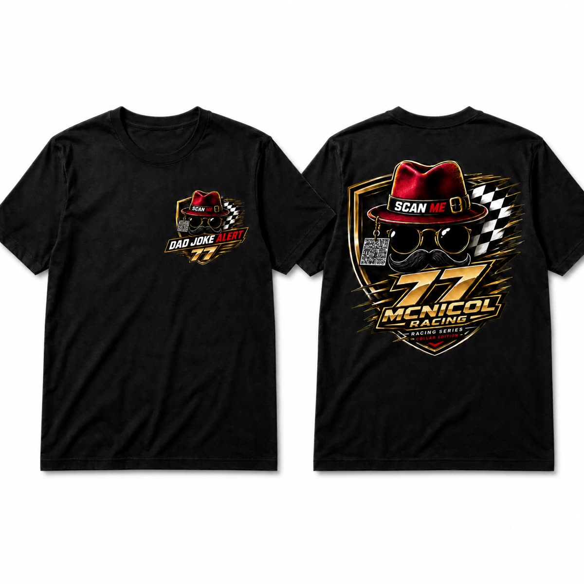 Dad Joke Alert 77 McNicol Racing T-shirt, front and back